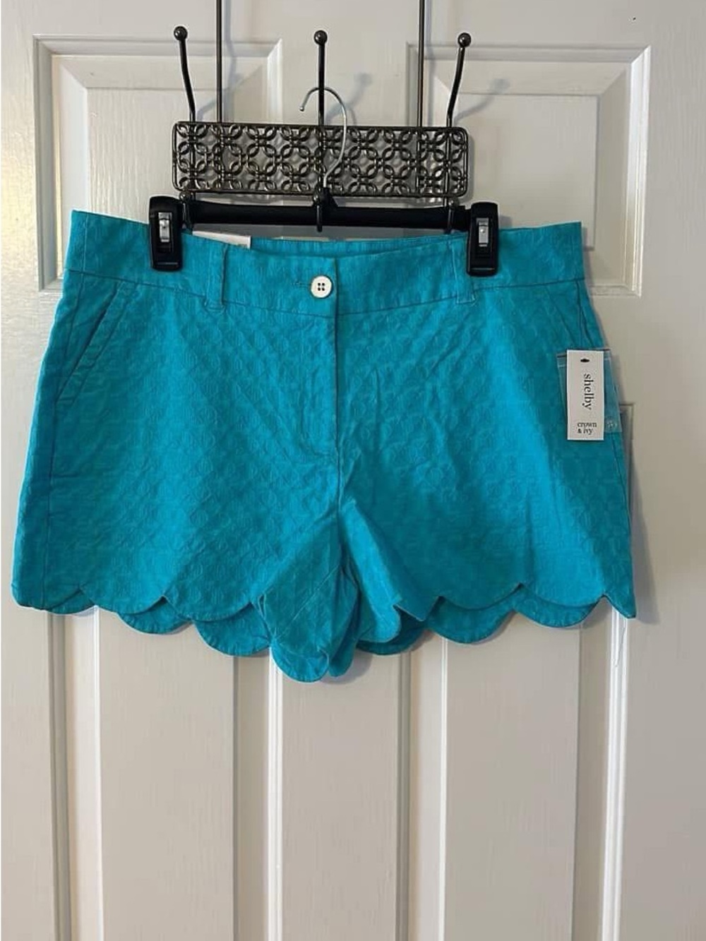 crown & ivy Teal Scalloped Hem High Waist Shorts